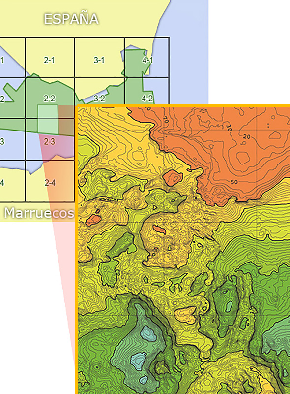 Esquema del Mapa Físico del Estrecho a 1:100.000 y la distribución de hojas 1:25.000. En verde, el área del levantamiento batimétrico de la campaña “Vizconde de Eza 2001”. Fase 1